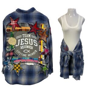 Upcycled Flannel Shirt Womens 1X Christian Religious Shacket Art Blue Cottage